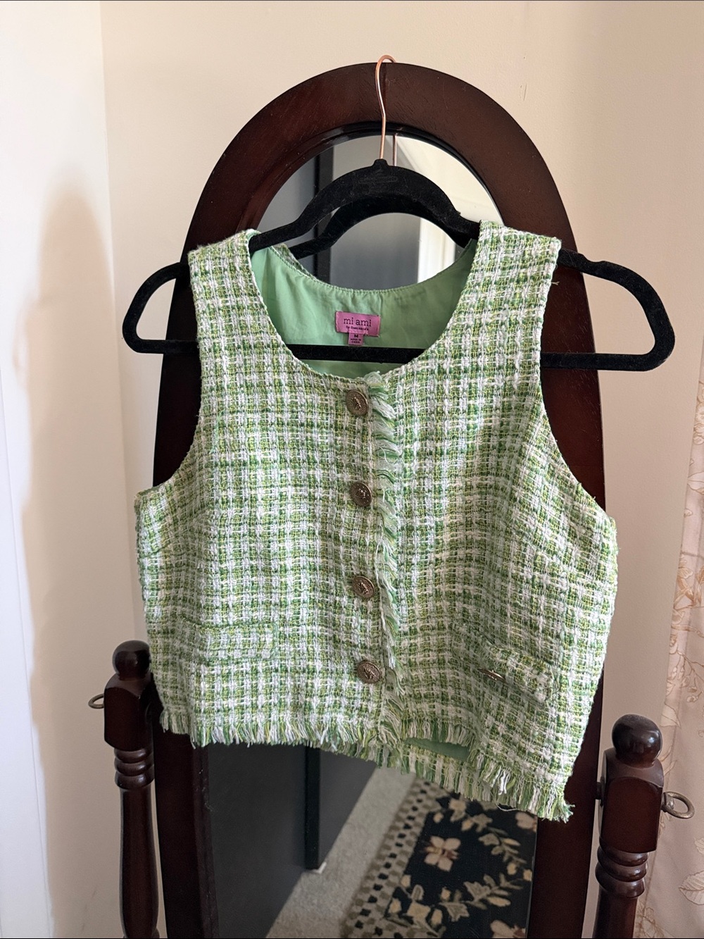 miami Light Green Tweed Girls' Sleeveless Button Front Crop Top
